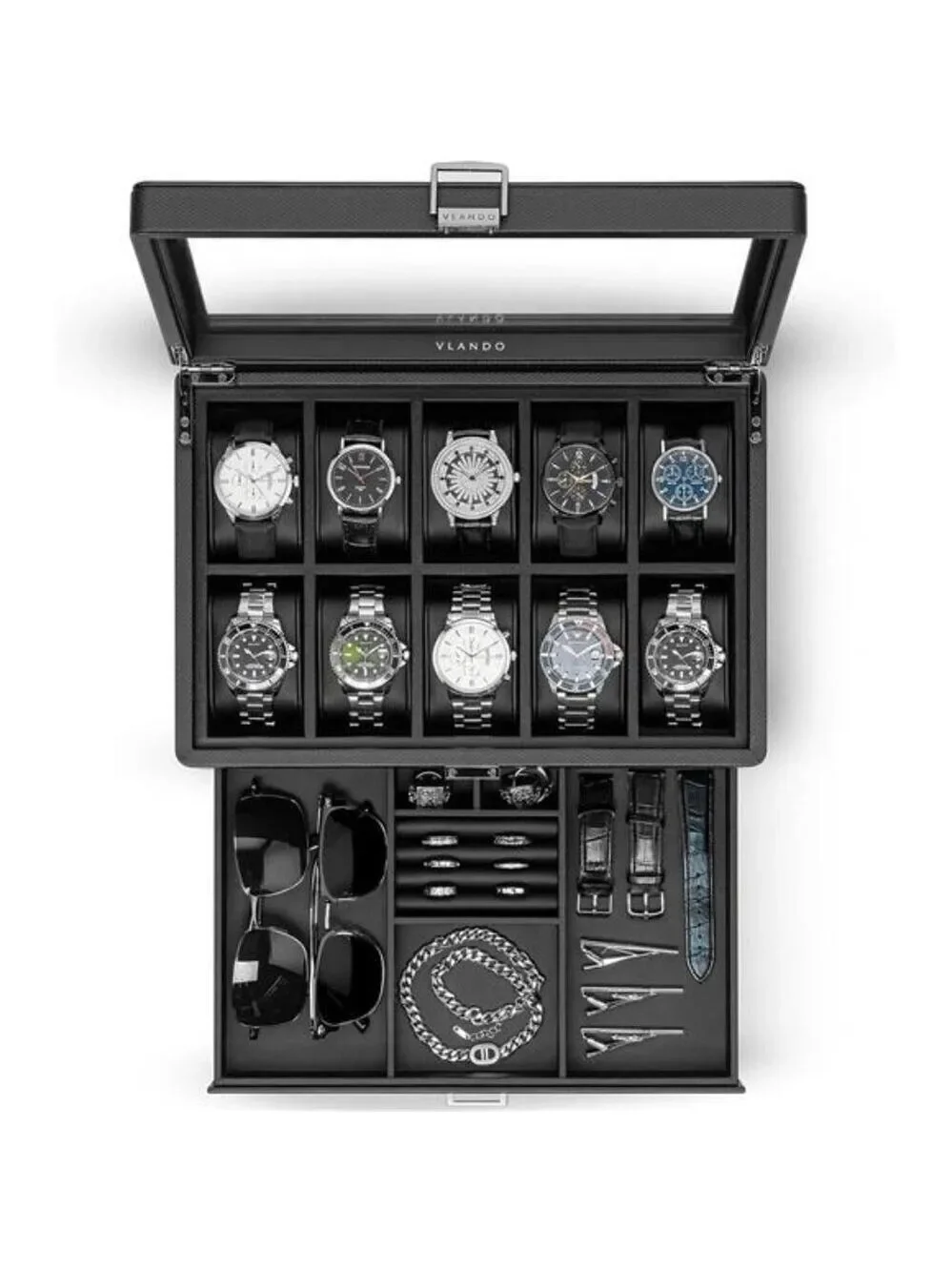 Mens Watch Box Organizer 10 Slot Leather Jewelry Case with Drawer Glass Lid